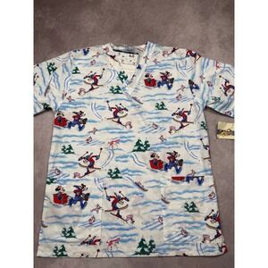 VTG Disney Snow Folly Scrub Top‎ Womens S Mickey Goofy Ski Sleigh Ride USA Made